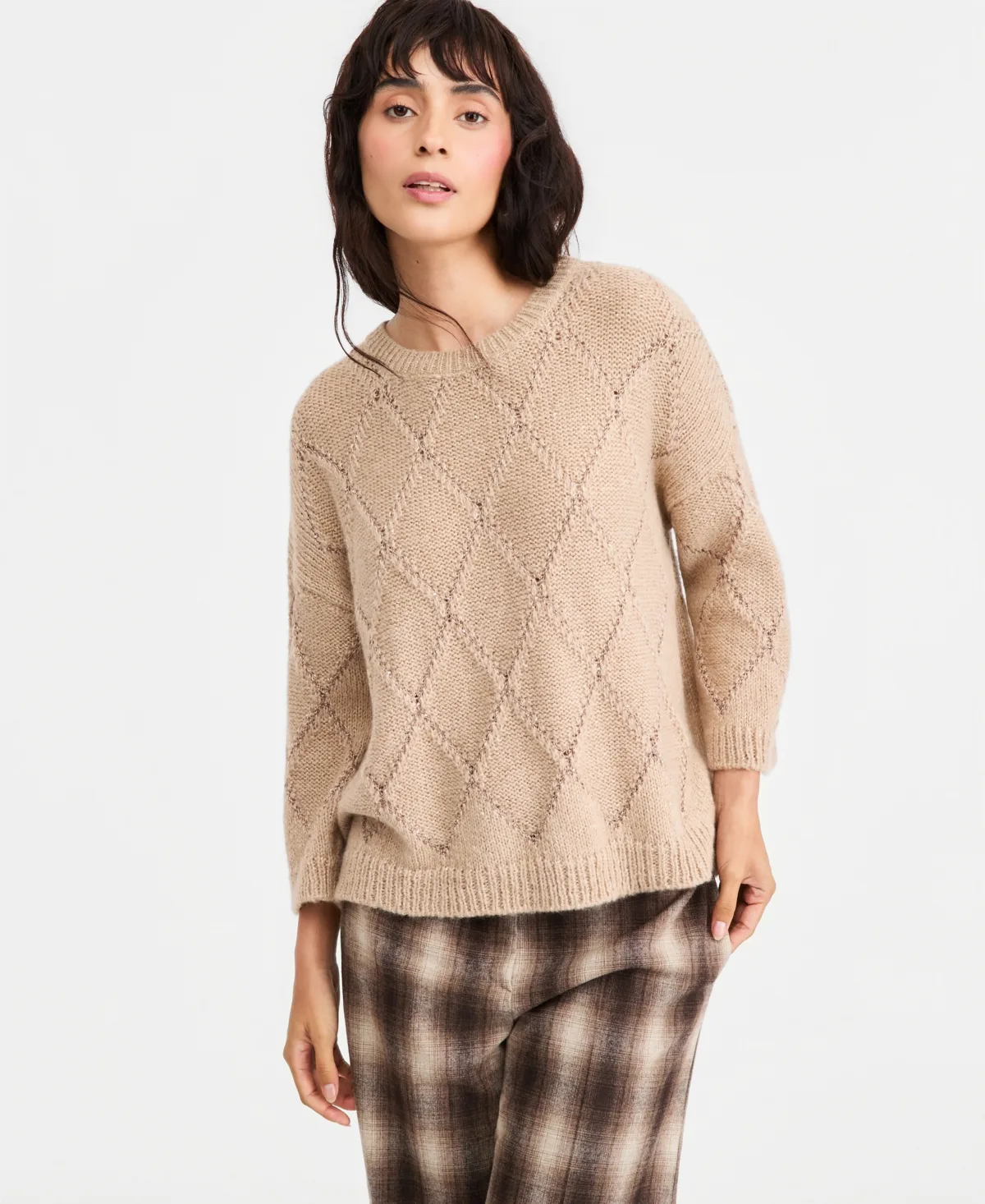 Sequin-Embellished Diamond-Pattern Crewneck Sweater by Emme Marella