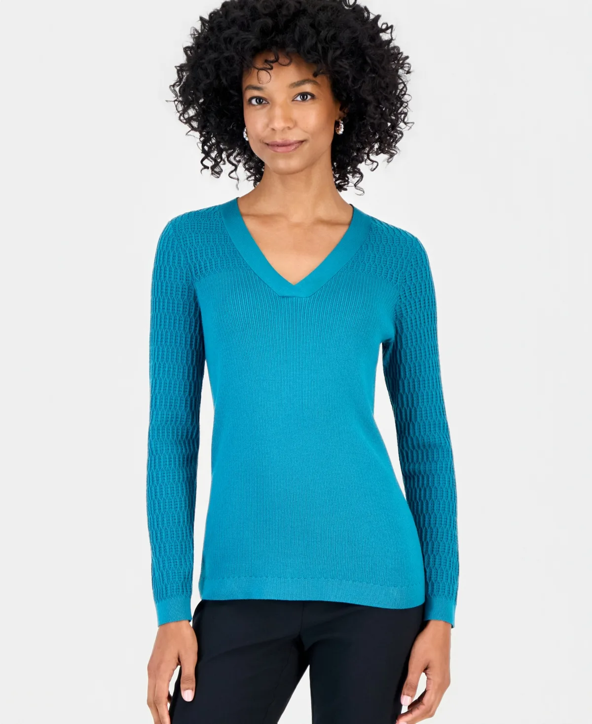 Mixed Stitch Long-Sleeve V-Neck Sweater by JM Collection