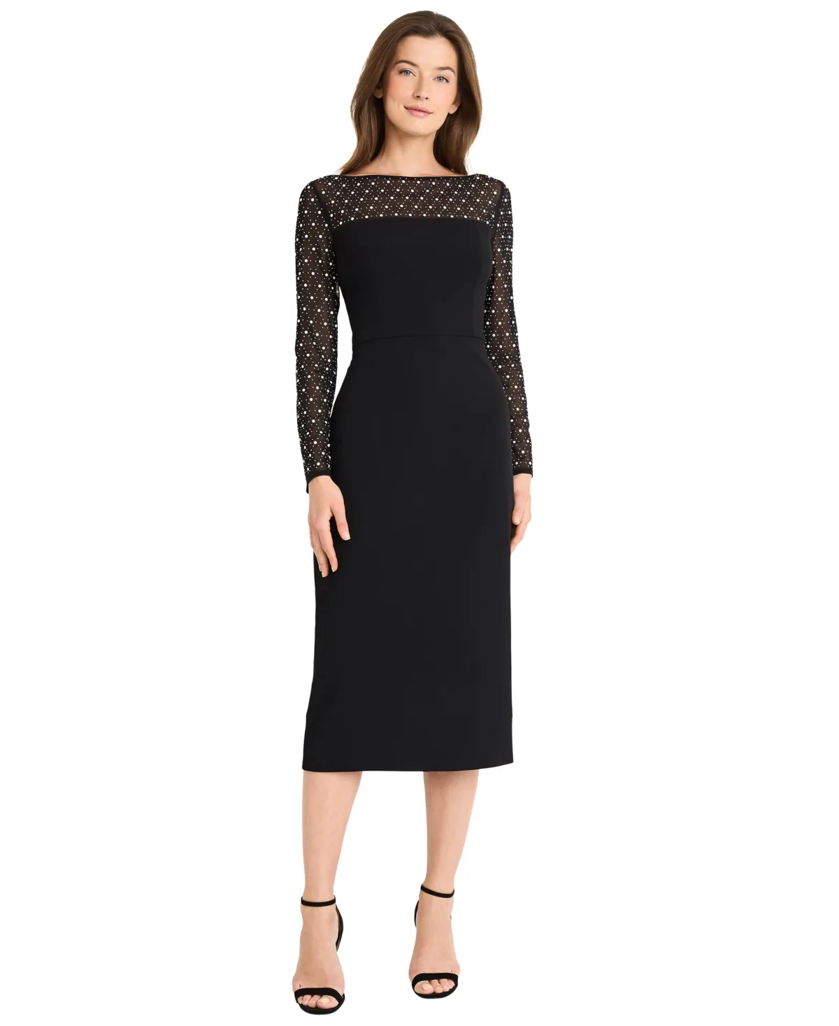 Illusion Neckline Boat-Neck Long-Sleeve Sheath Dress
