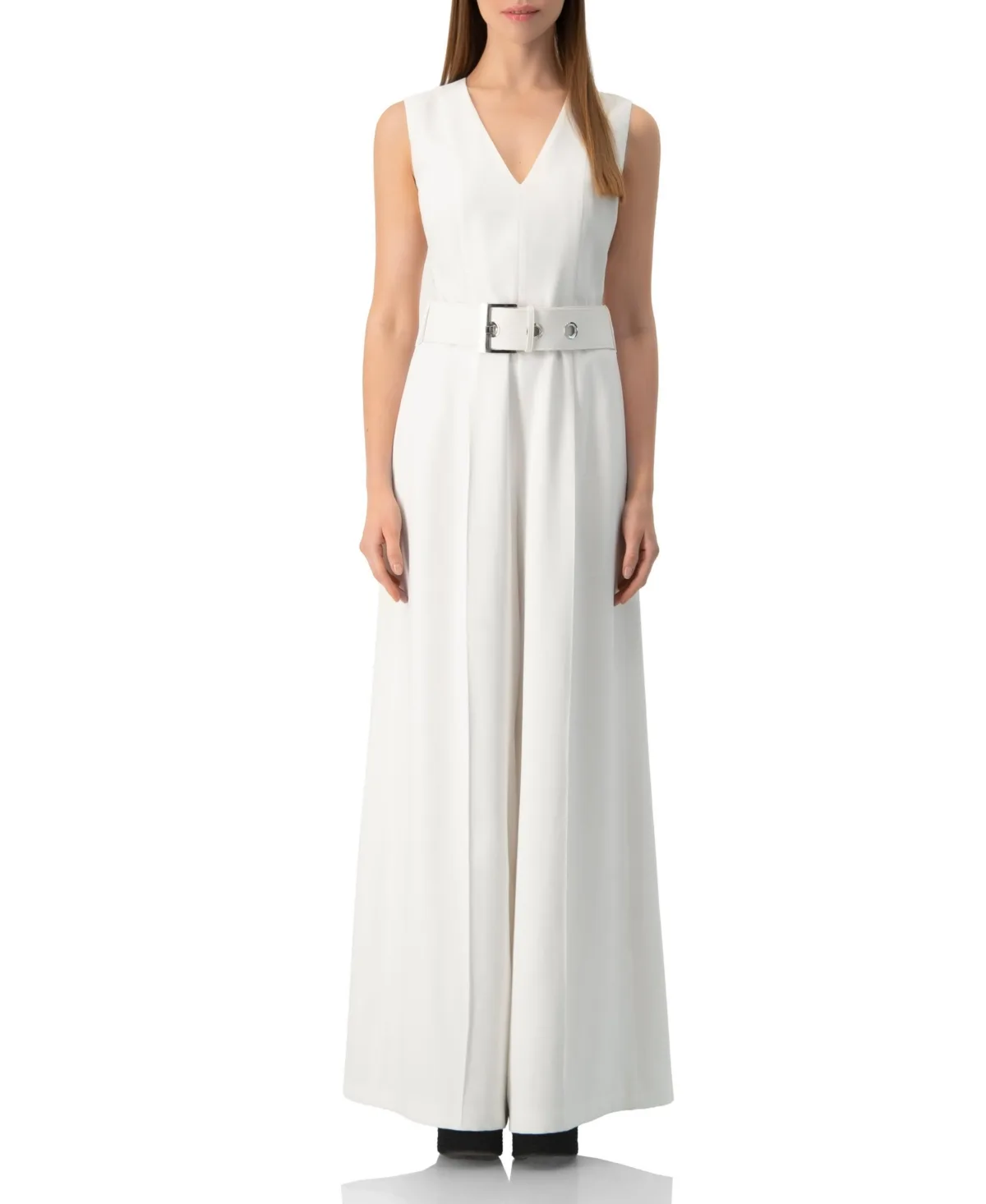 Clean V-Neck Buckle-Belt Wide-Leg Tailored Jumpsuit