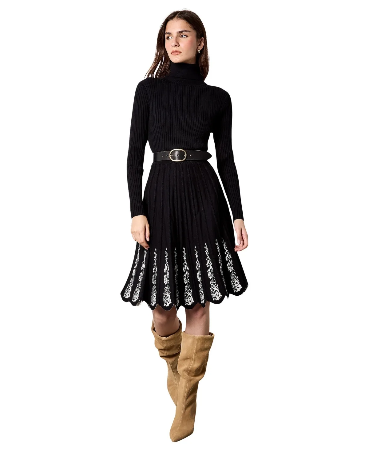High-Neck Lace Embroidery Fit & Flare Dress by Apricot