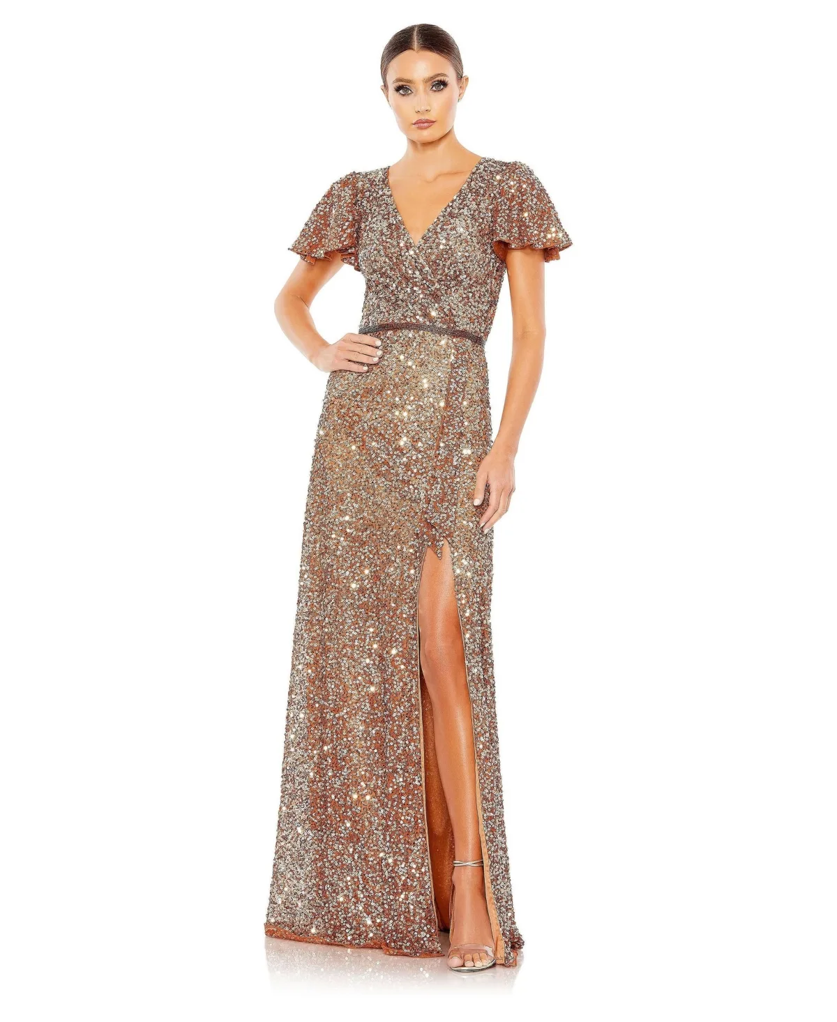 Sequined Wrap Over Butterfly Sleeve Draped Gown by M.A.C.