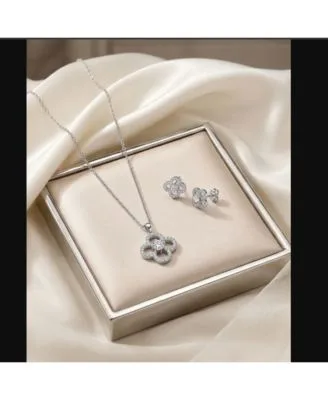 Gold Plated Cubic Zirconia Flower Clover Earrings Necklace Jewelry Collection by Rachel Glauber