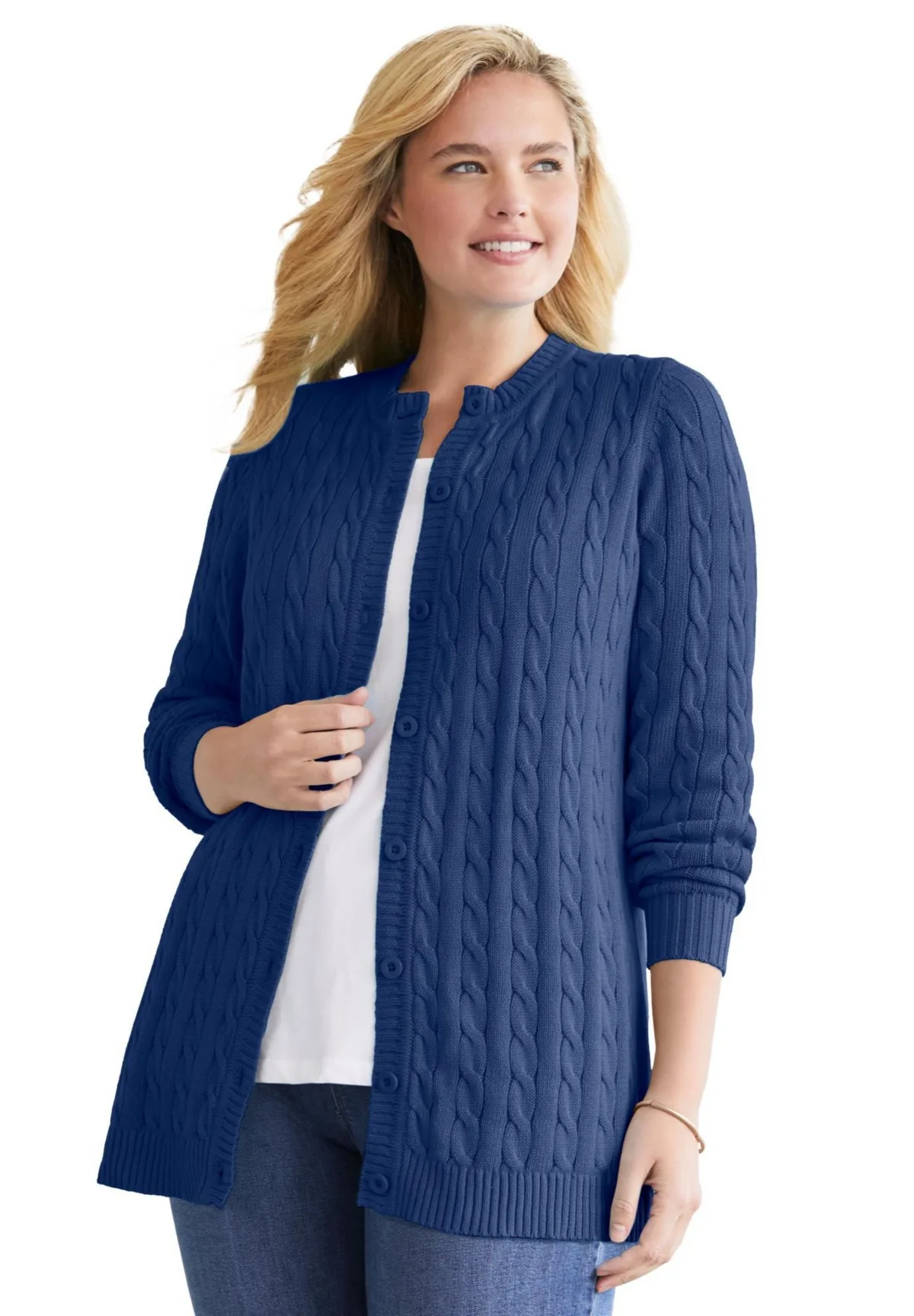 Cotton Cable Knit Cardigan Sweater by Woman Within