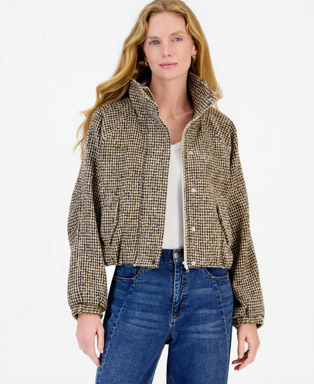 Cropped Houndstooth Bubble Bomber Jacket by On 34th