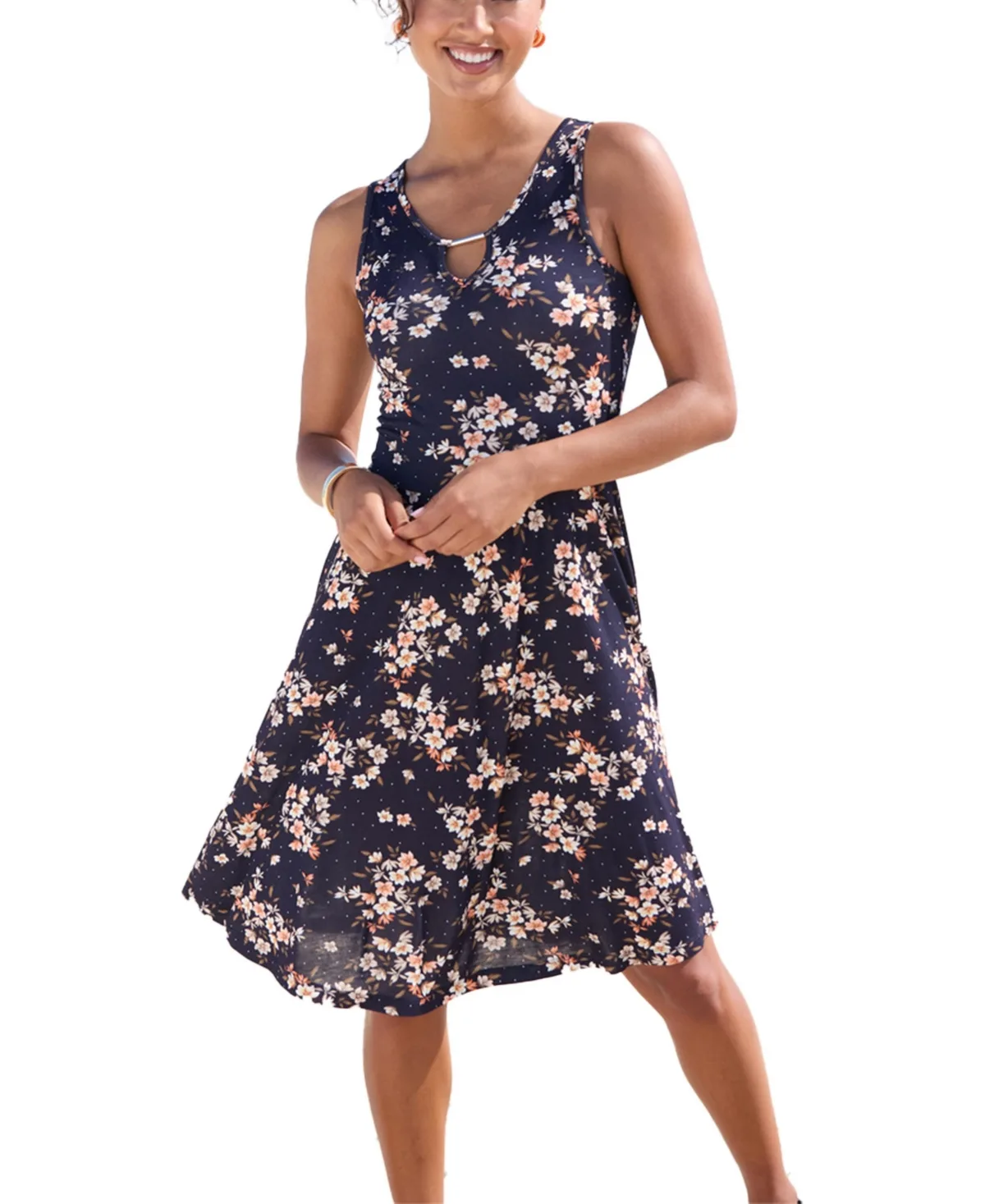 Floral-Print A-Line Scoop Neck Dress by Lascana