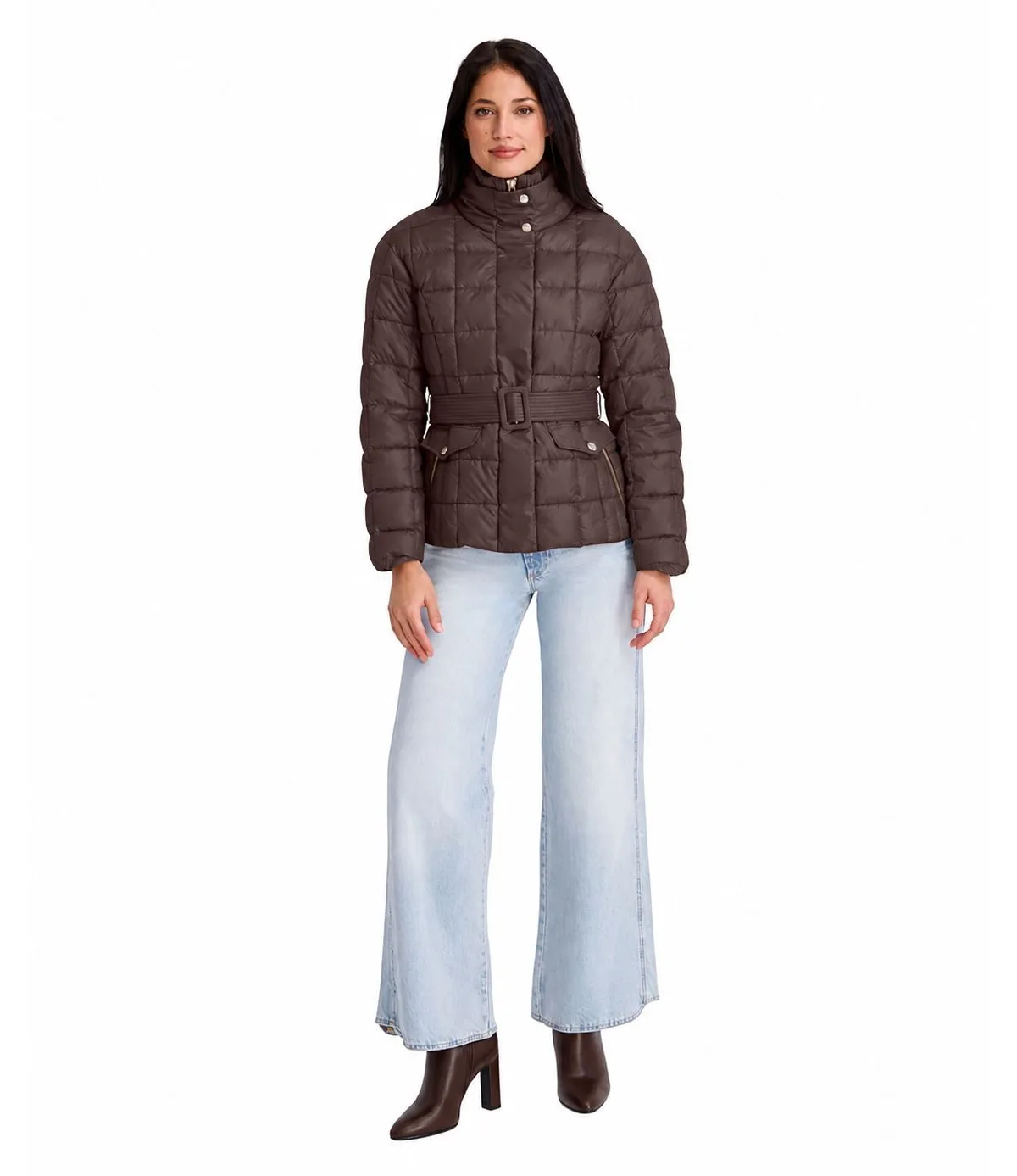 Quilted Puffer Jacket with Self-Tie Waist and Funnel Neck