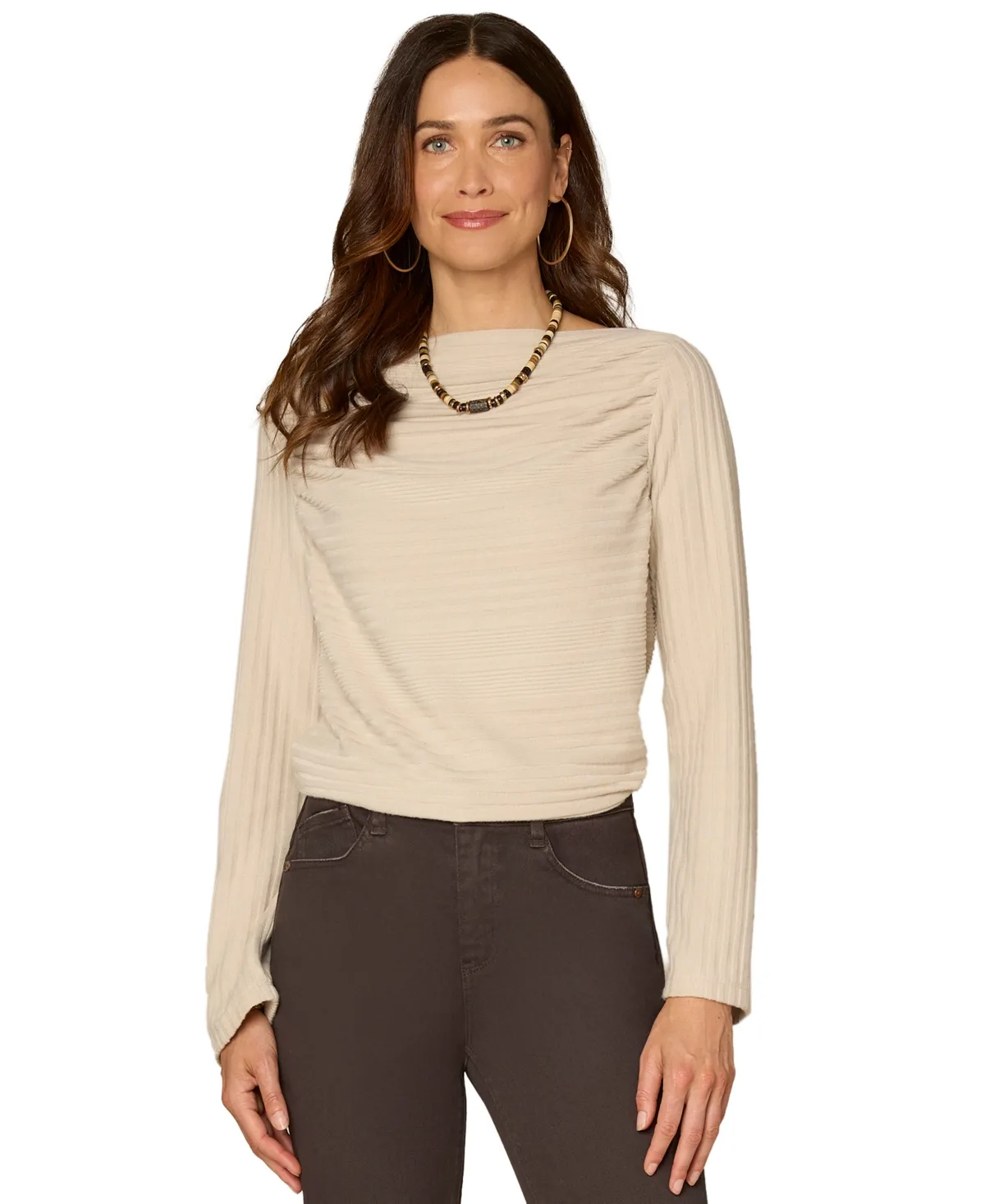 Long-Sleeve Draped Boat Neck Blouse by Democracy