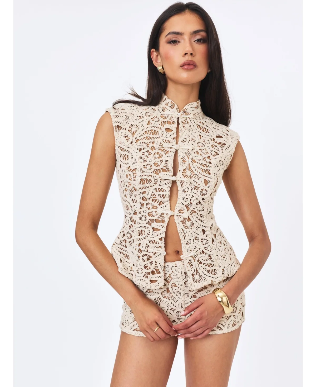 Rosetta Crochet Mandarin-Collar Sleeveless Top