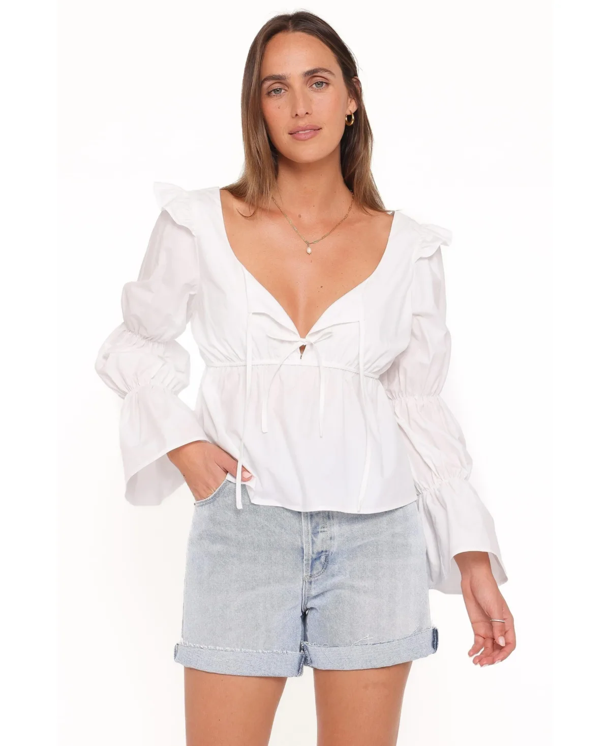 Bairbre Long-Sleeve Scoop Neck Tie-Front Top