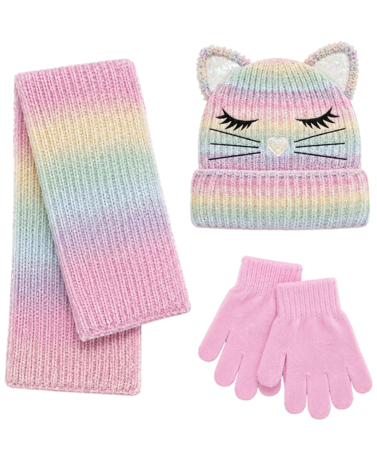Pastel Kitty Cat-Ear Ombre Embroidered Hat, Scarf and Gloves, 3-Piece Set by Rainbow