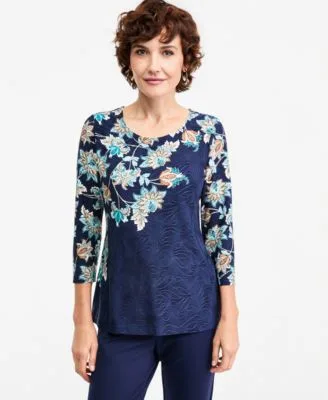 Carlot Floral Print 3/4 Sleeve Jacquard T-Shirt by JM Collection