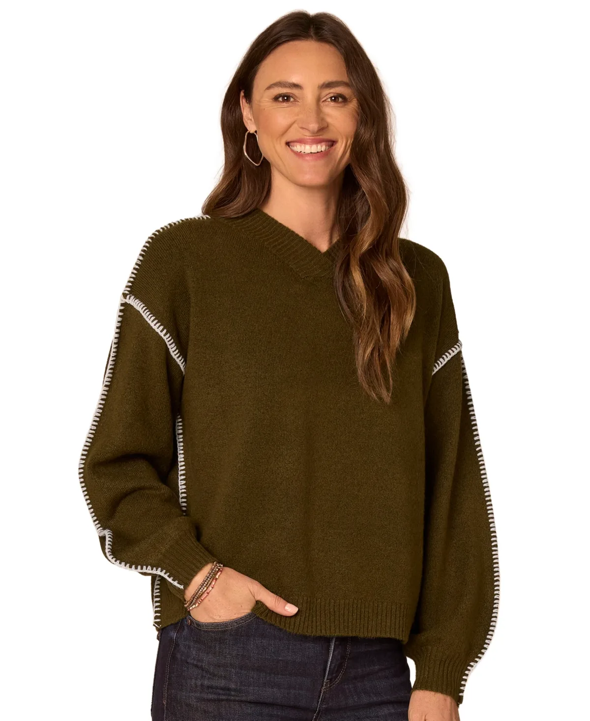 Blanket-Stitch Embroidered V-Neck Blouson-Sleeve Sweater by Democracy
