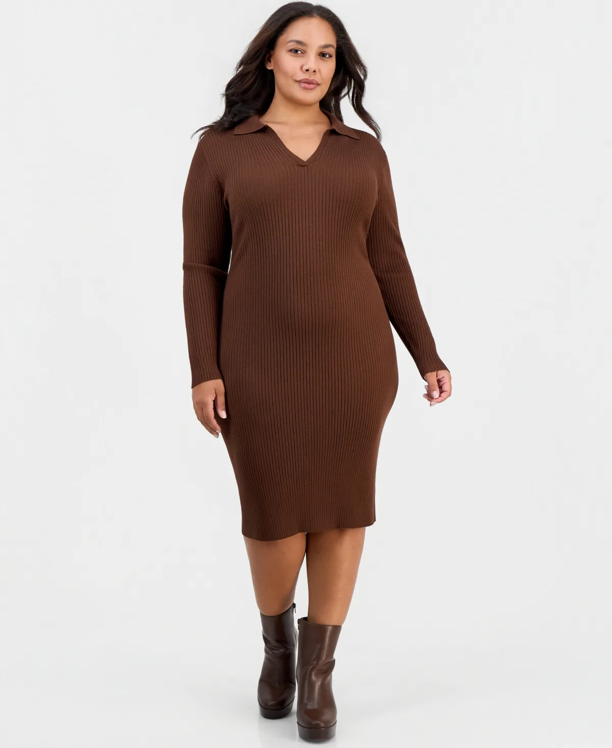Long-Sleeve Bodycon Polo Collar V-Neck Rayon-Polyester Blend Midi Dress