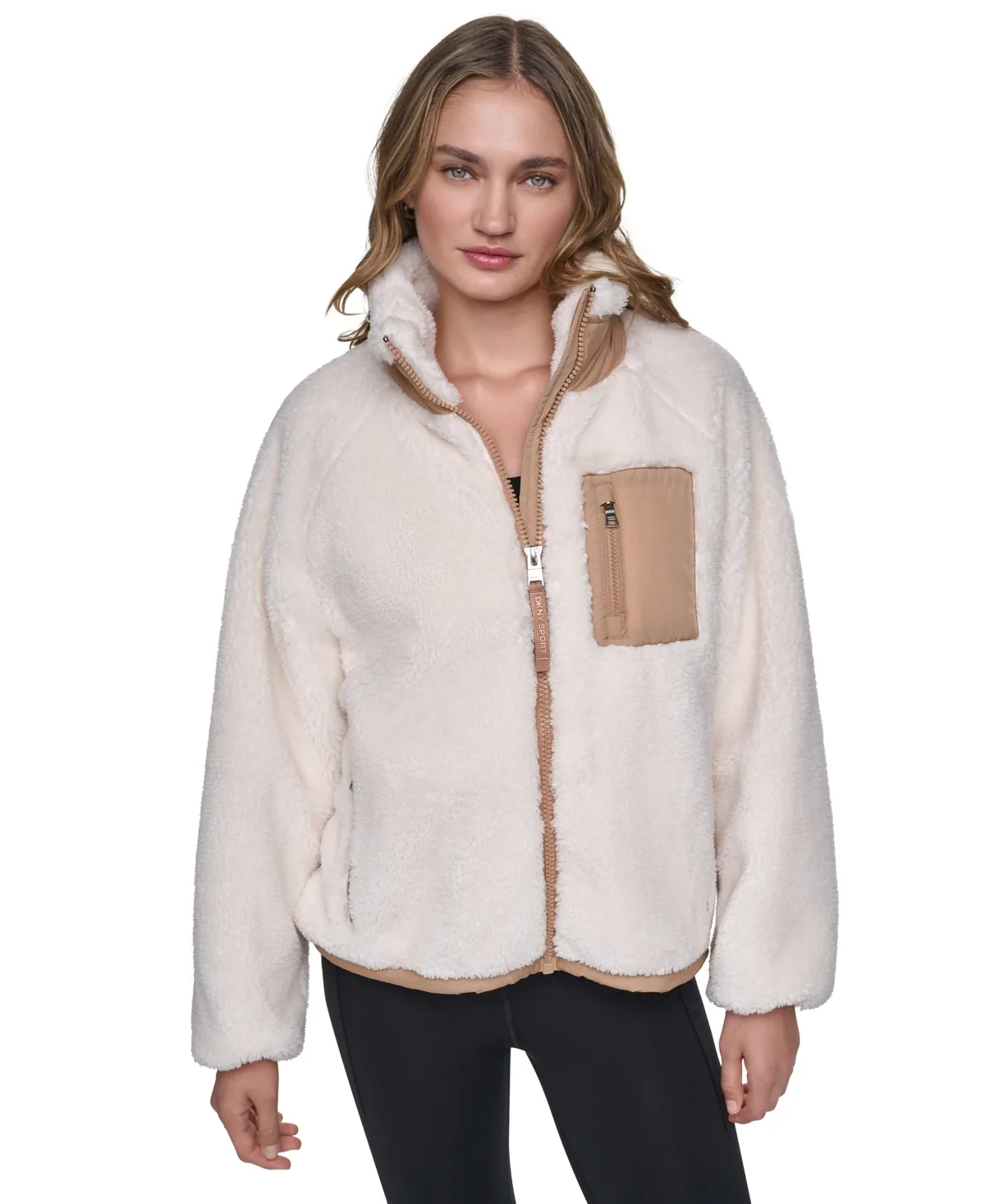 Mock Neck Sherpa Jacket with Woven Piecing by DKNY