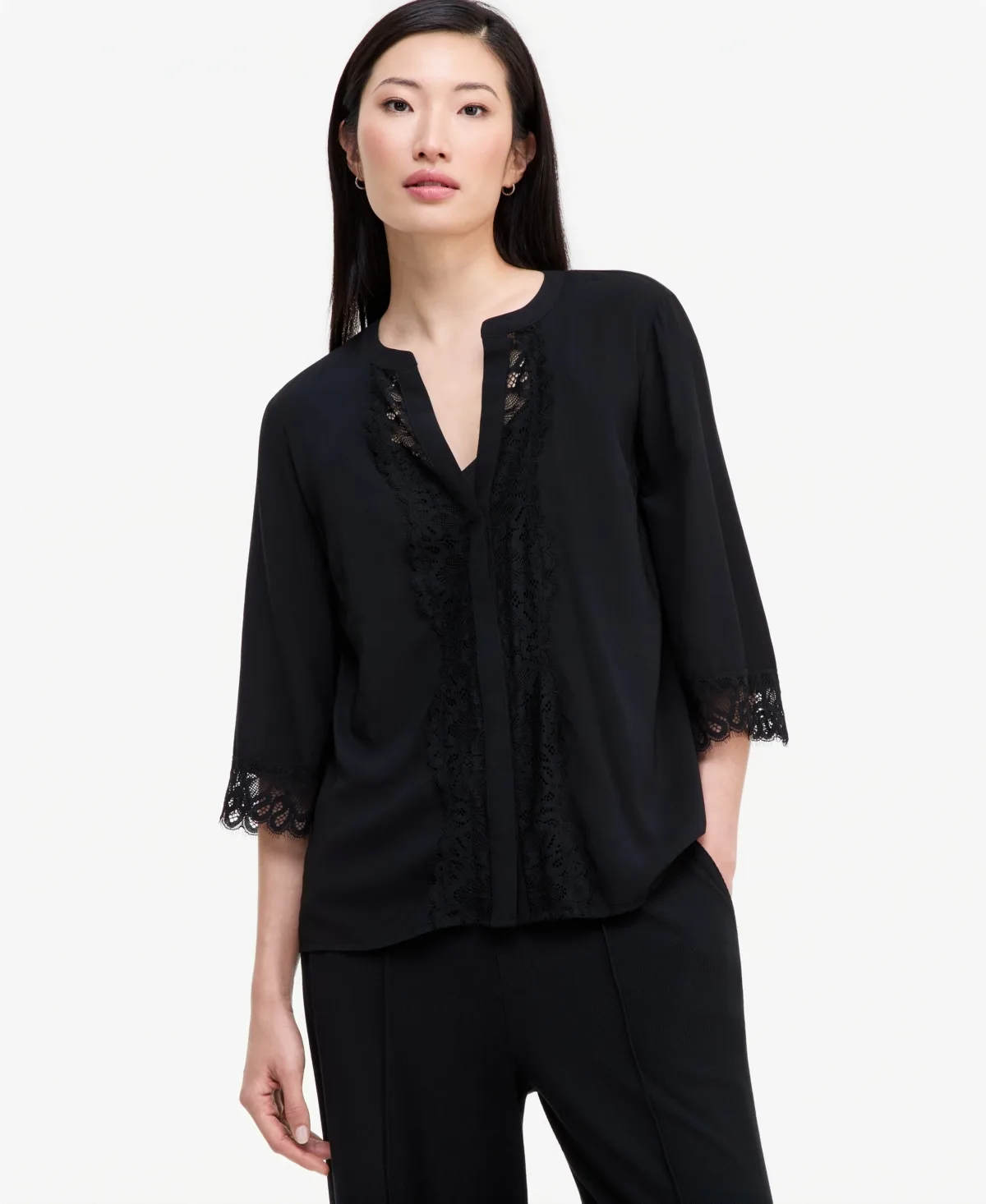 V-Neck 3/4-Sleeve Lace-Trim Blouse
