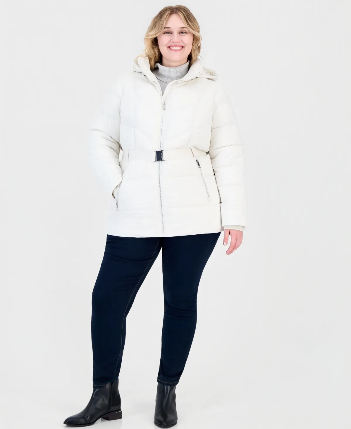 Hooded Belted Thumbhole Puffer Coat