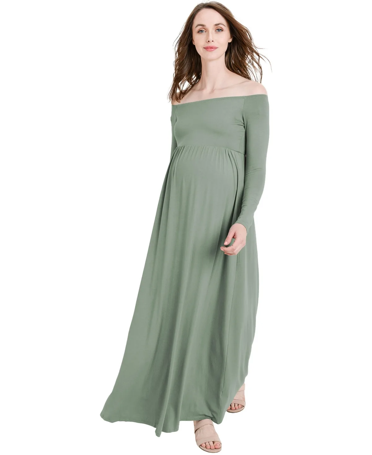 Maternity Off-the-Shoulder Long-Sleeve Empire Waist Maxi Dress by Hello Miz