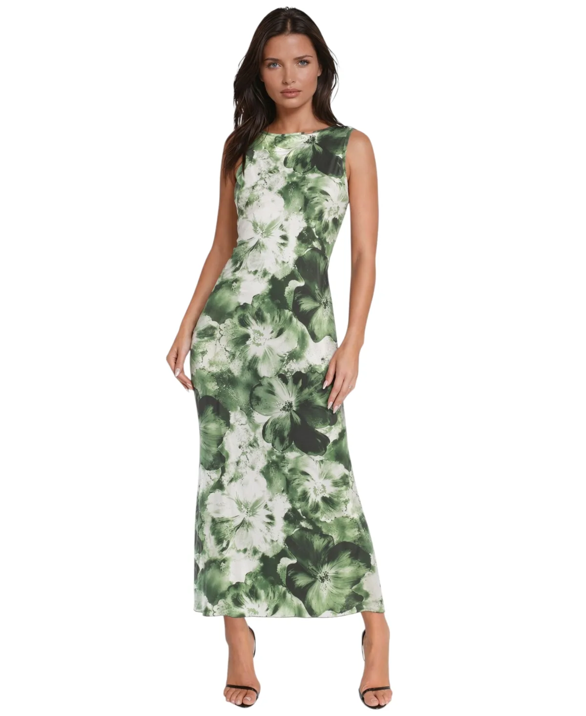 Sleeveless A-Line Satin Maxi Dress by bebe