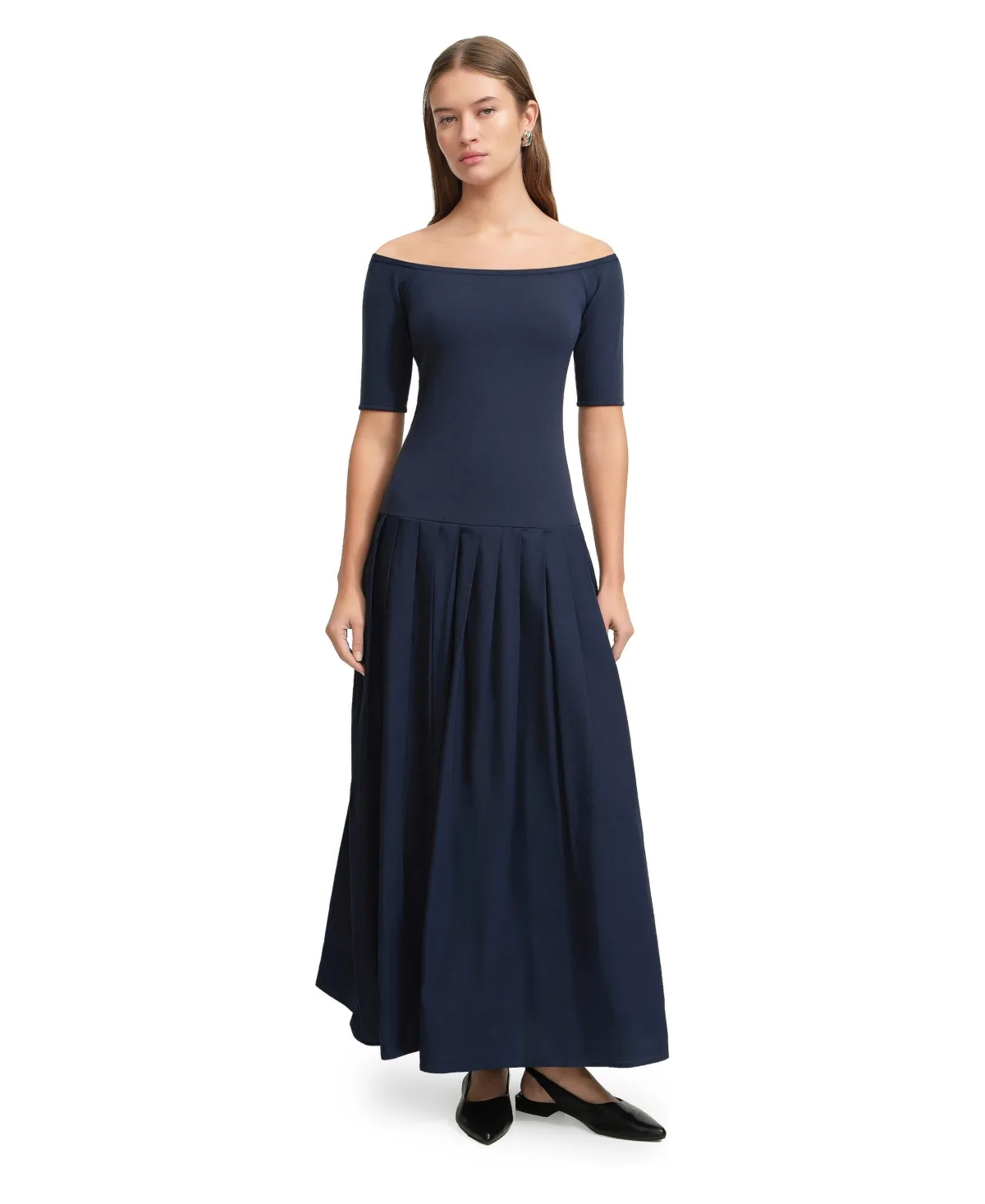 Mila Off-Shoulder Dropped-Waist Pleated Cotton Dress with Pockets by Marcella