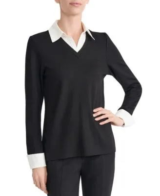 Mixed Media Twofer Long Sleeve Collared V Neck Blouse by Jones New York