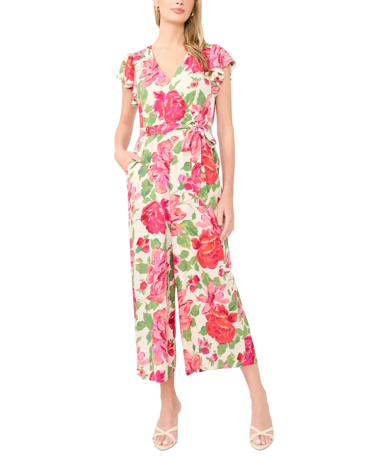 V-Neck Flutter-Sleeve Wide-Leg Jumpsuit