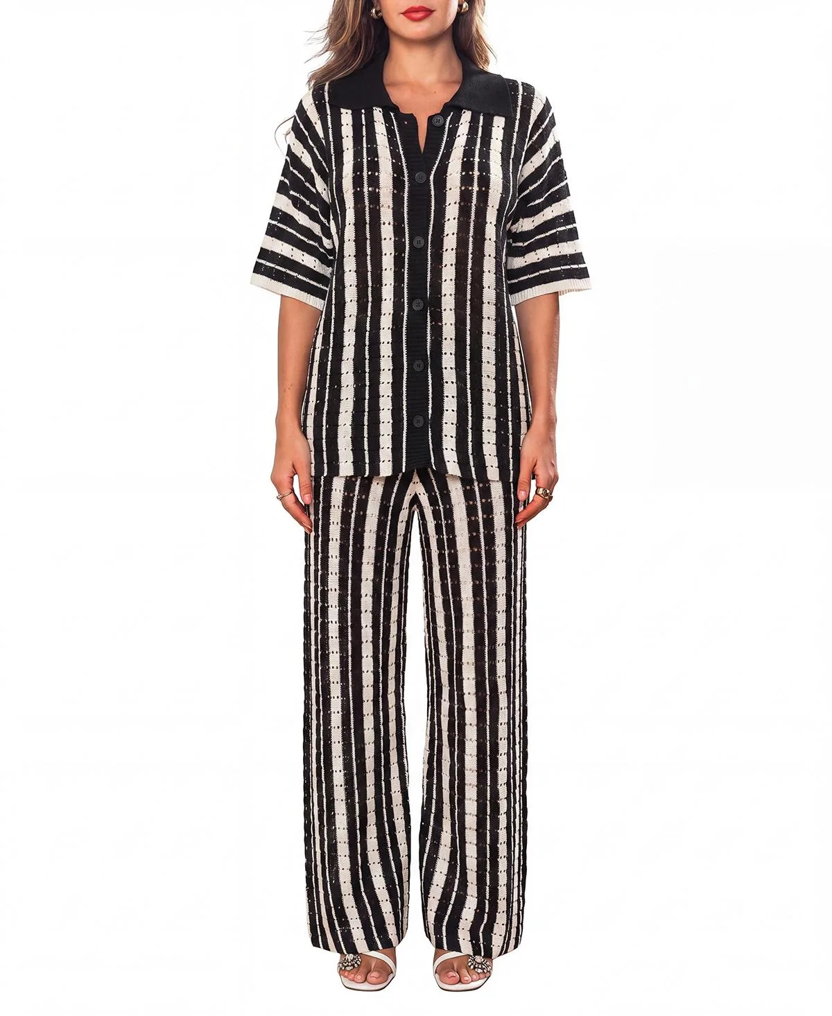 Striped Openwork Knit Polo Matching Set by Cupshe