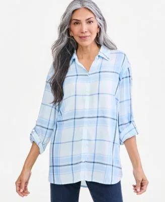 Plaid Oversized Roll Tab Button Front Shirt by Style & Co