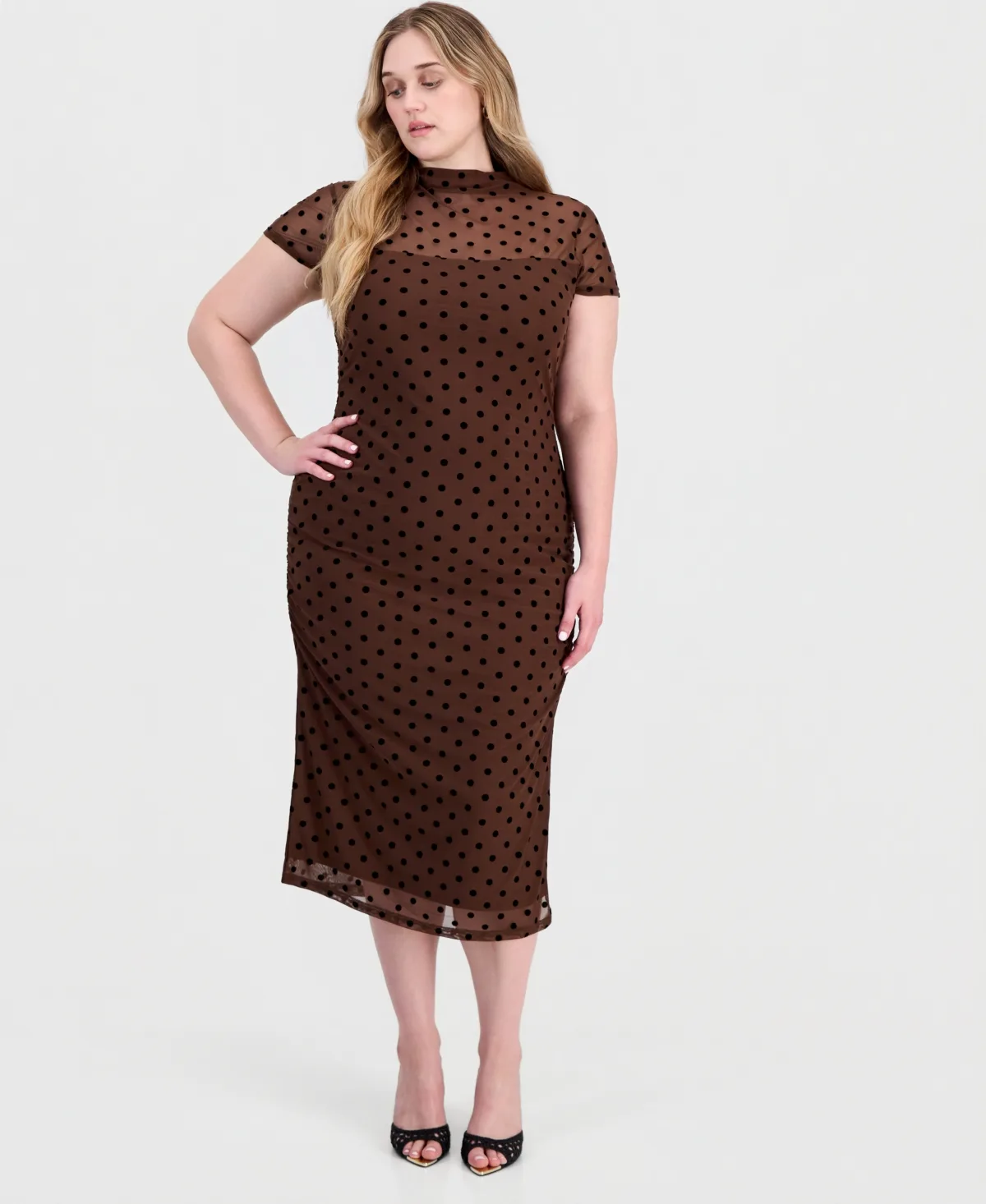 Polka-Dot Ruched Mock-Neck Short-Sleeve Midi Dress