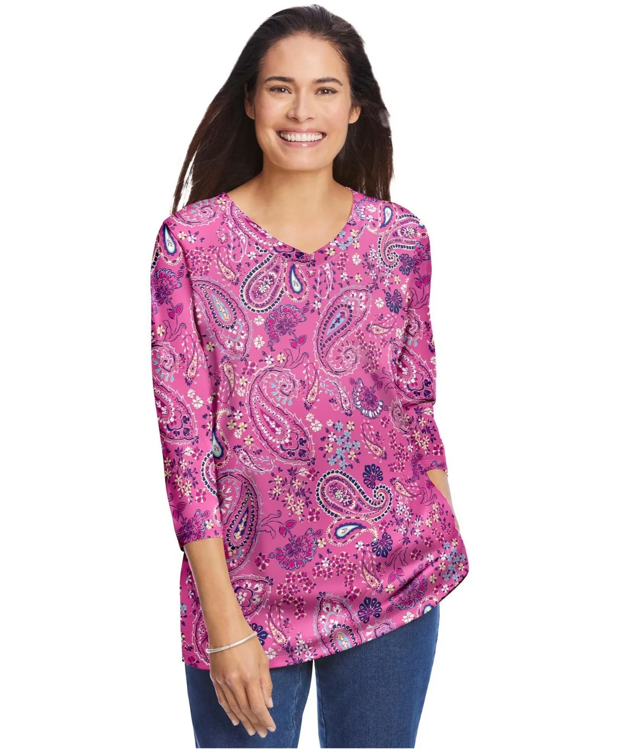 Perfect Printed Three-Quarter Sleeve V-Neck Tee by Woman Within