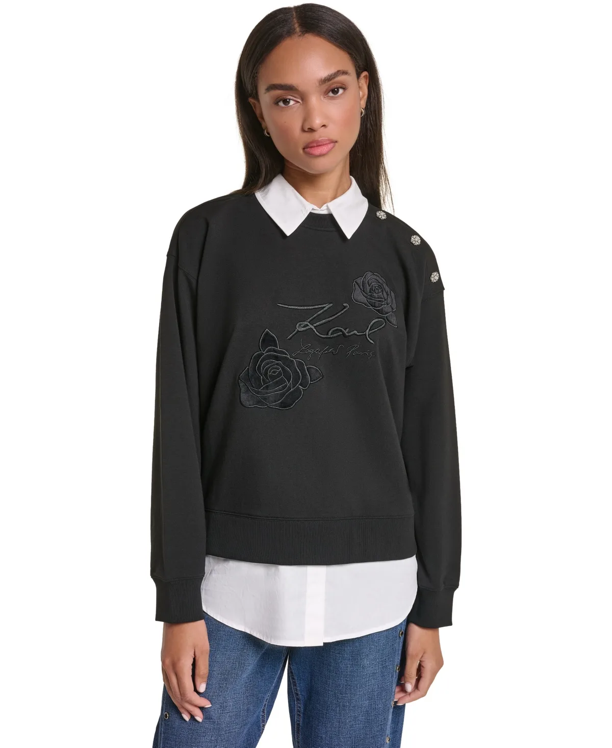 Collared Twoffer Long-Sleeve Loose-Fit Pullover Sweater by Karl Lagerfeld