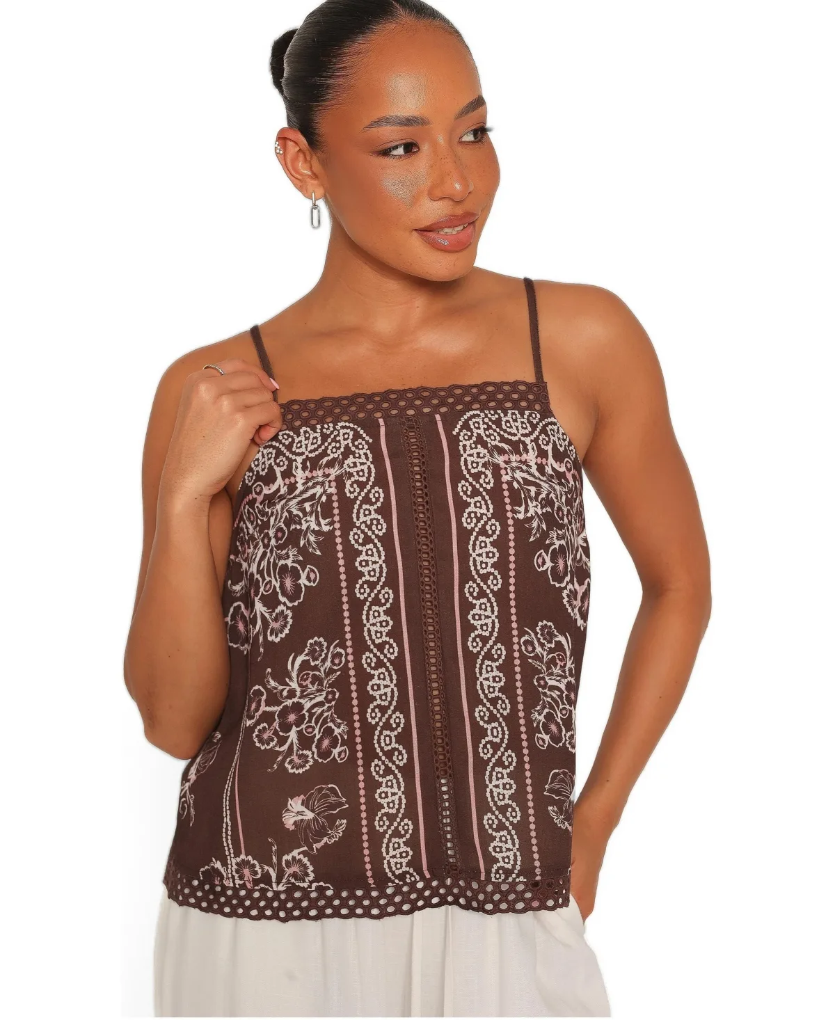 Erina Square-Neck Lace Trim Linen-Blend Tank by Petal & Pup