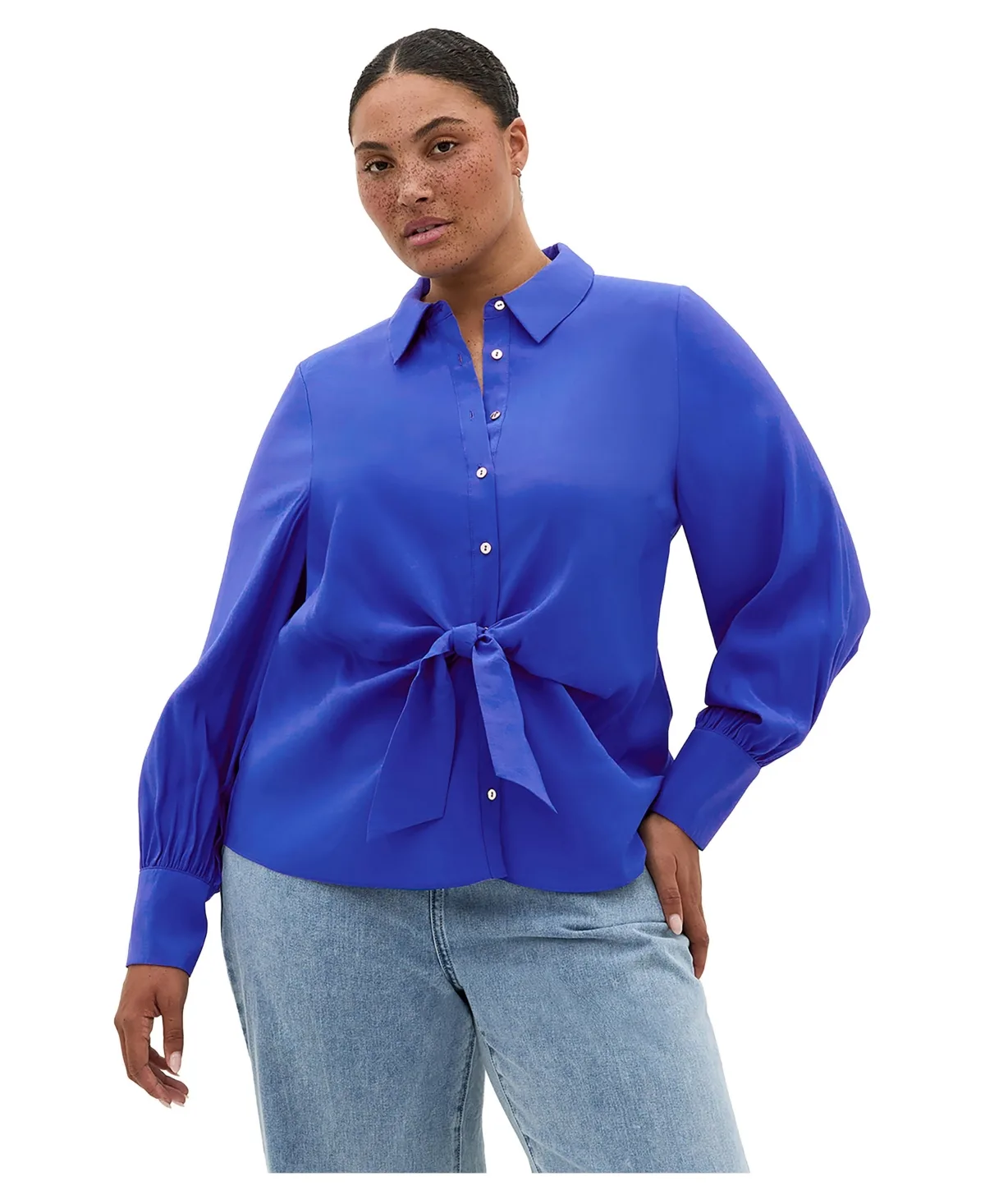 Isabella Long-Sleeve Tie-Front Collared Blouse by City Chic