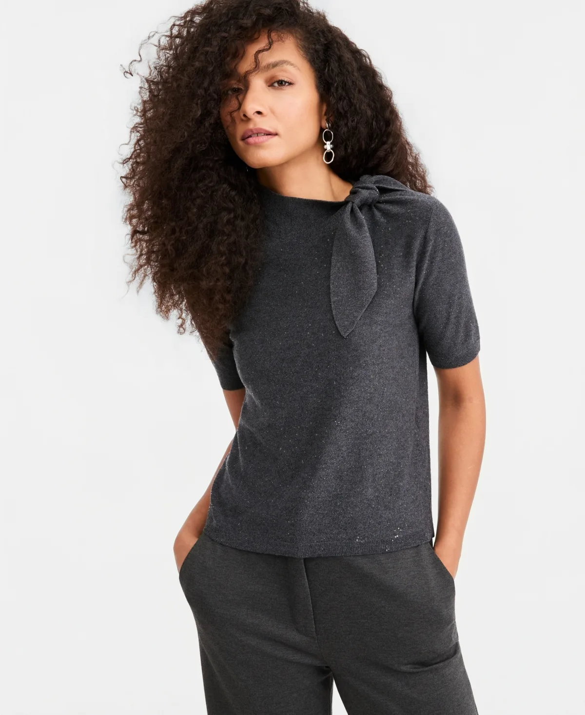 Emmmaggio Mock Neck Short-Sleeve Sequin-Embellished Sweater by Emme Marella