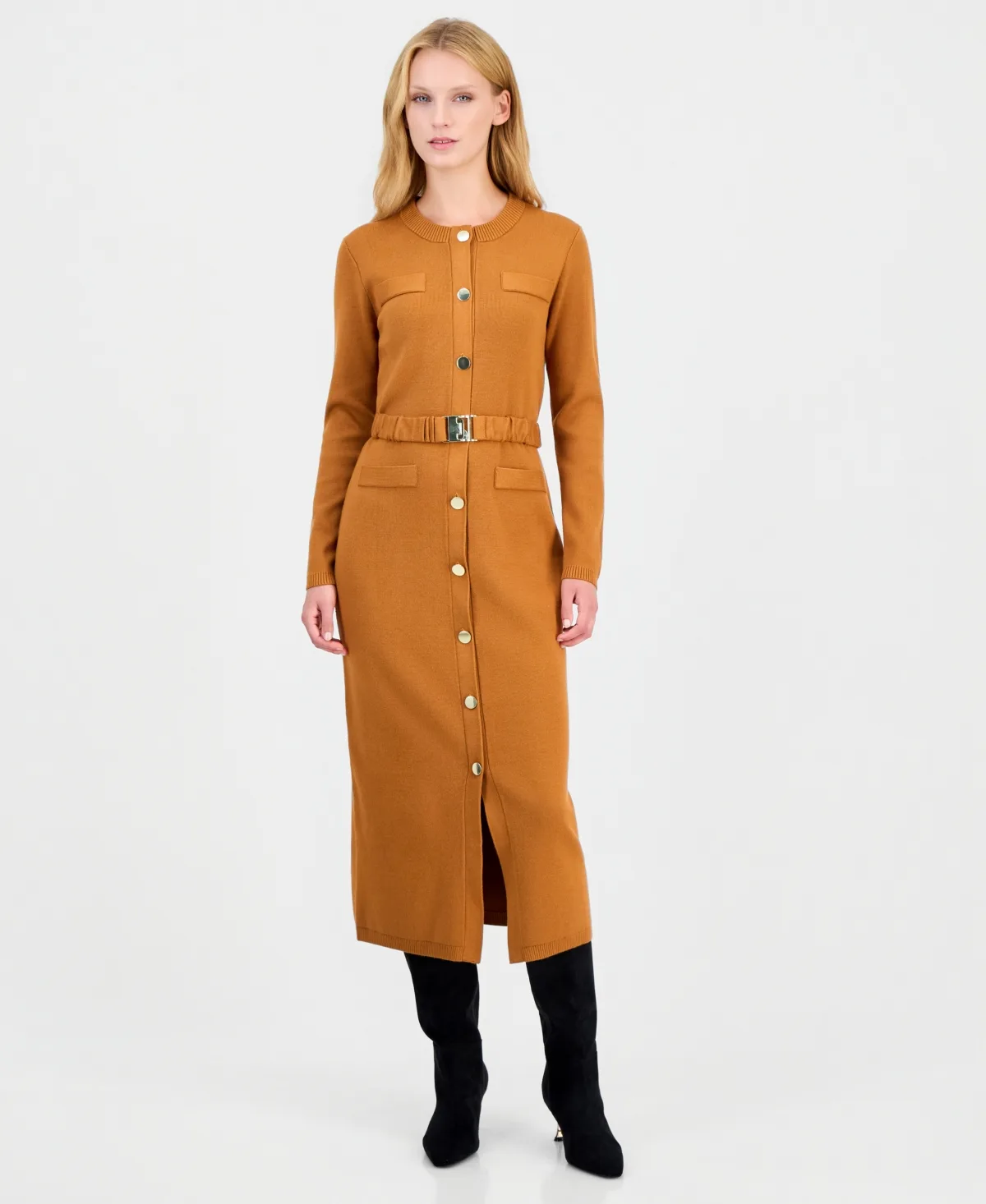 Long-Sleeve Belted Sweater Dress by Anne Klein