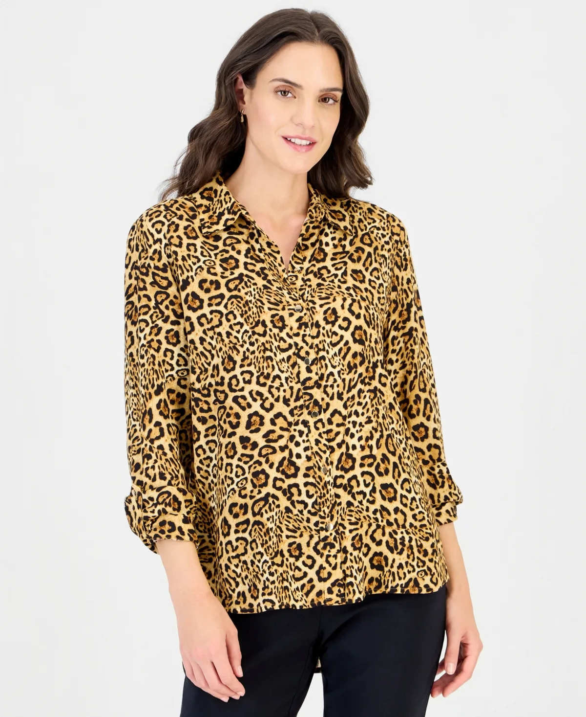 Leopard-Print Roll-Tab Point Collar Button Top by JM Collection