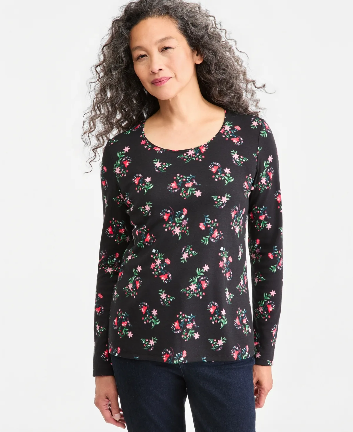 Printed Long-Sleeve Scoop-Neck Top by Macy's