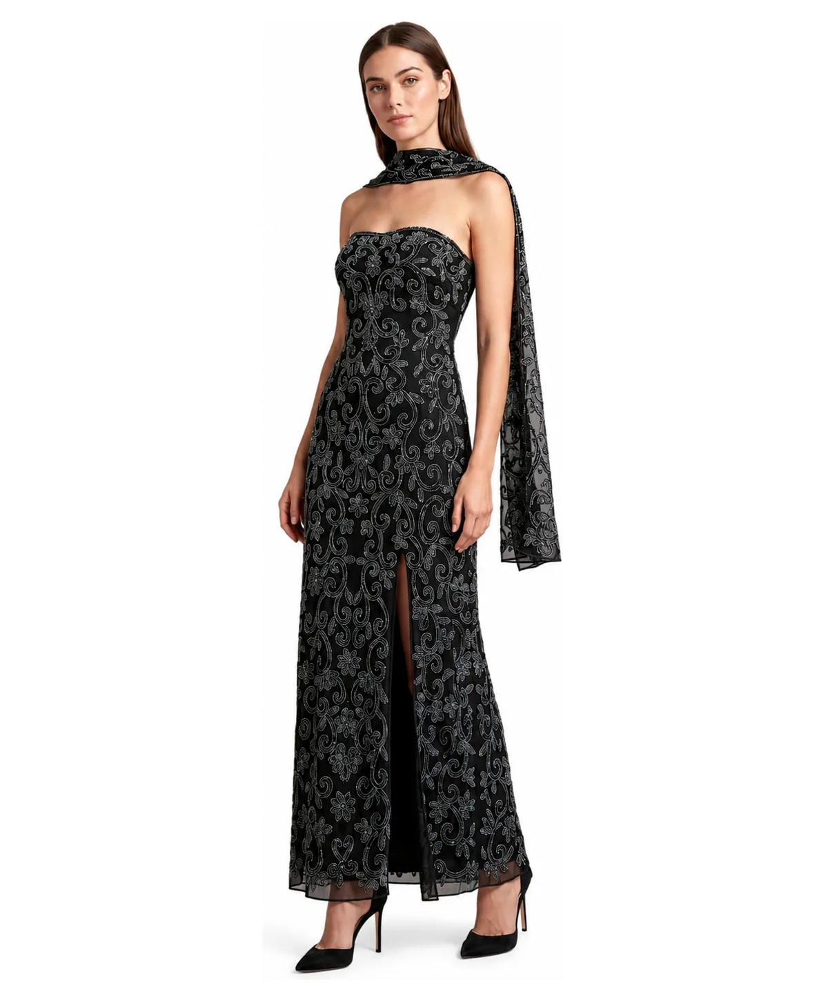 Strapless Beaded Gown with Scarf by Lara