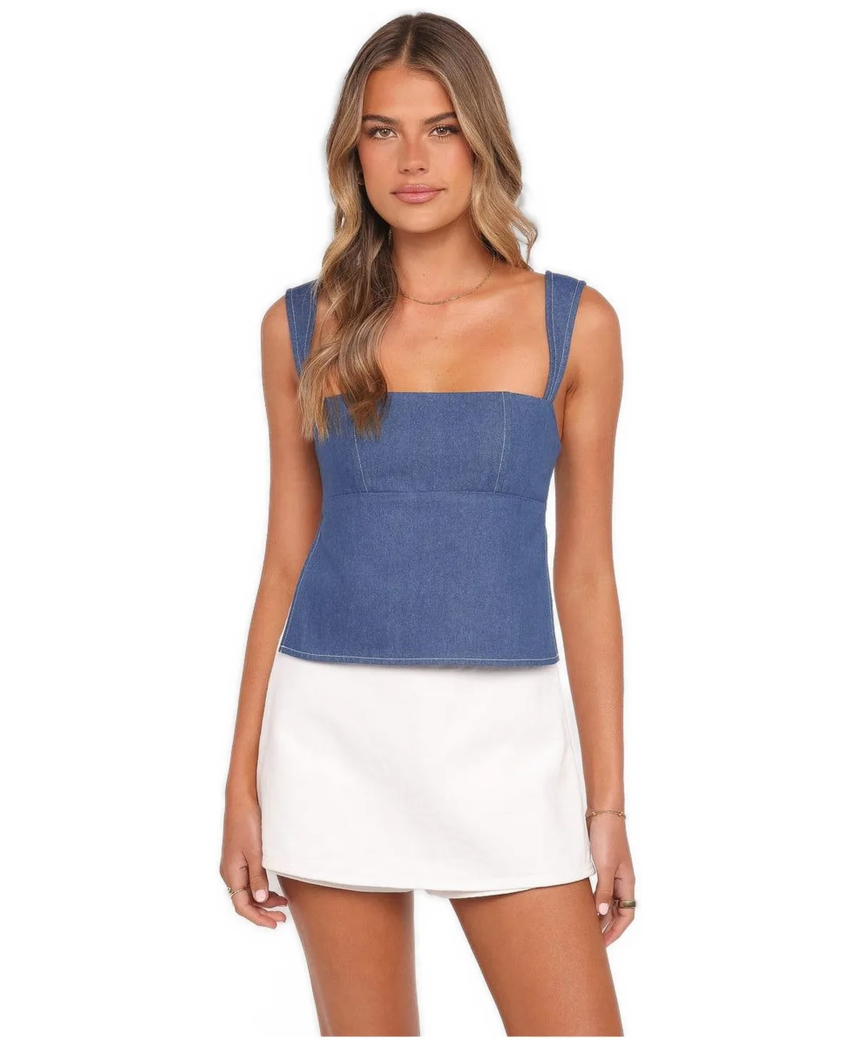 Azura Square Neck Denim Fitted Tank Top by Petal and Pup
