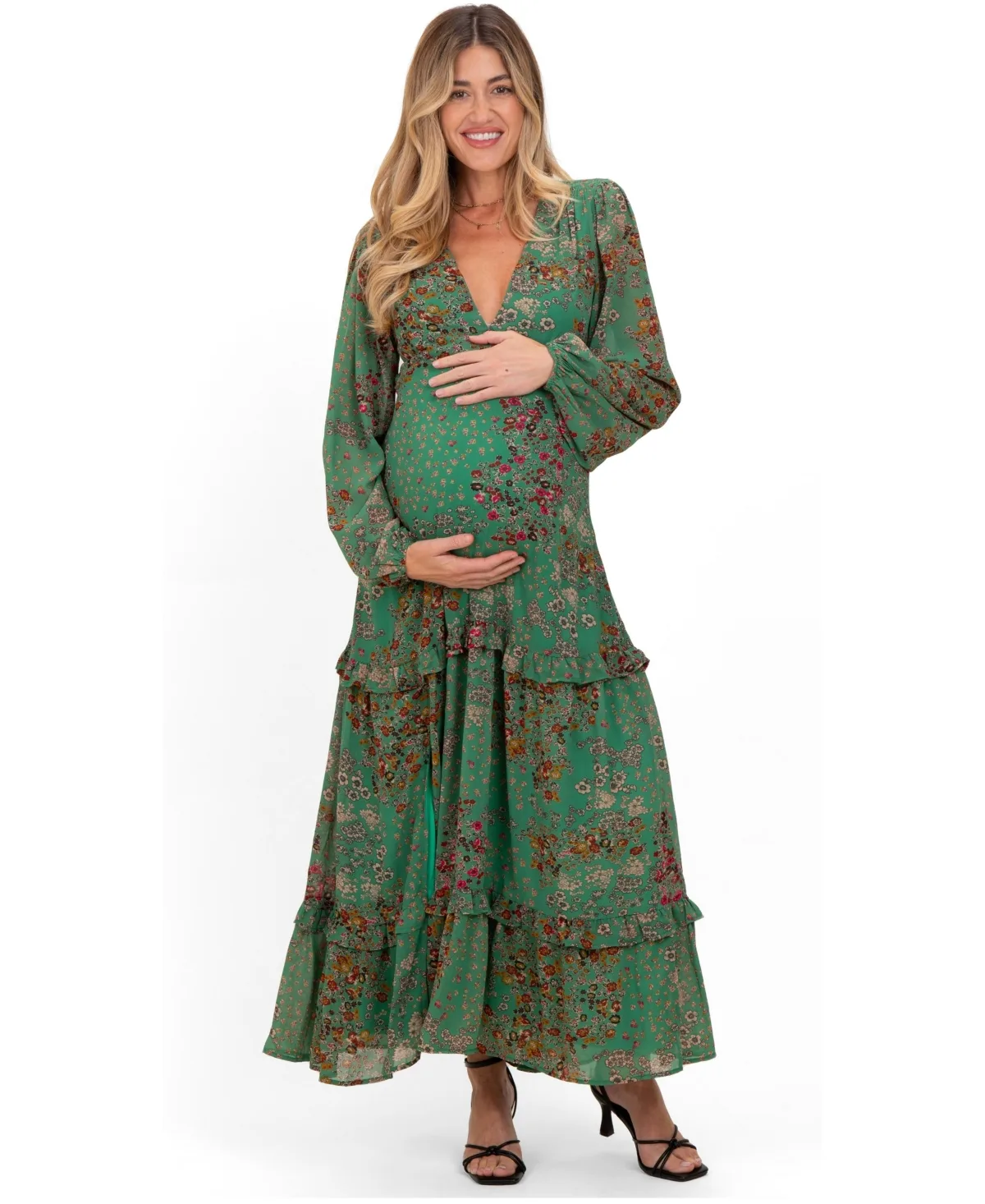Floral Chiffon V-Neck Long Sleeve Maxi Dress by PinkBlush