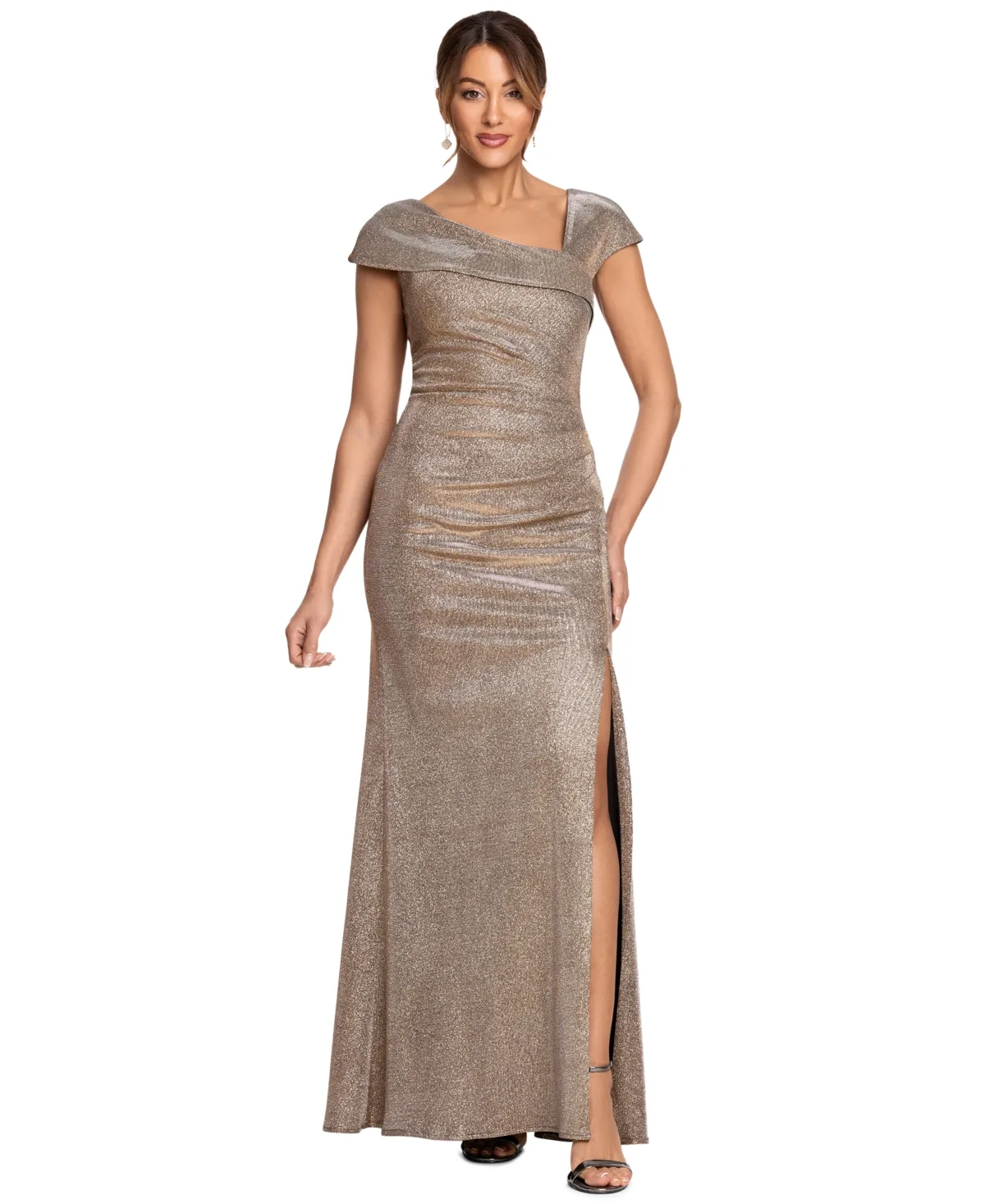 Metallic Asymmetrical Neckline Sleeveless Gown by Xscape