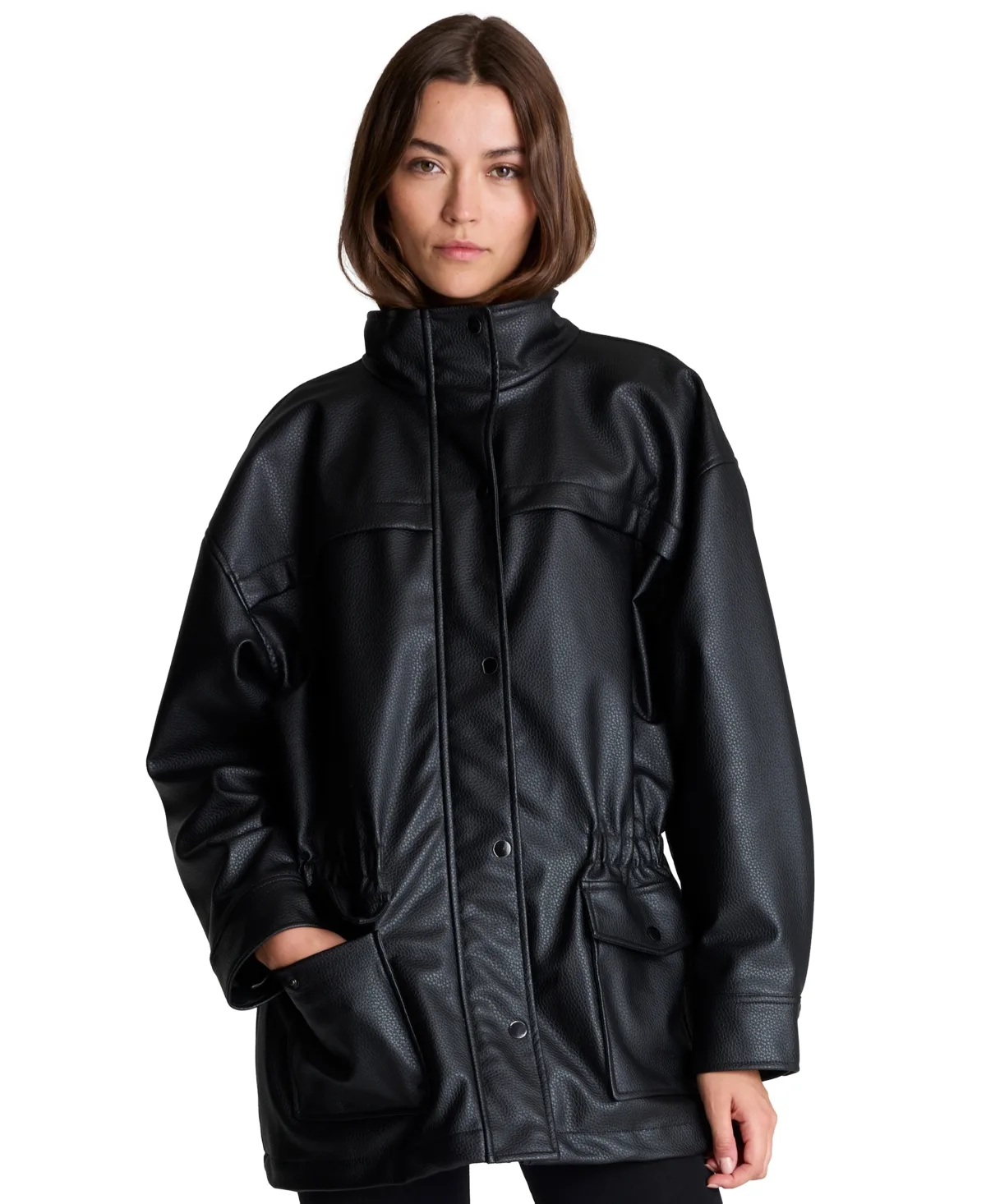 Faux-Leather Cinched-Waist Anorak Jacket by Kenneth Cole