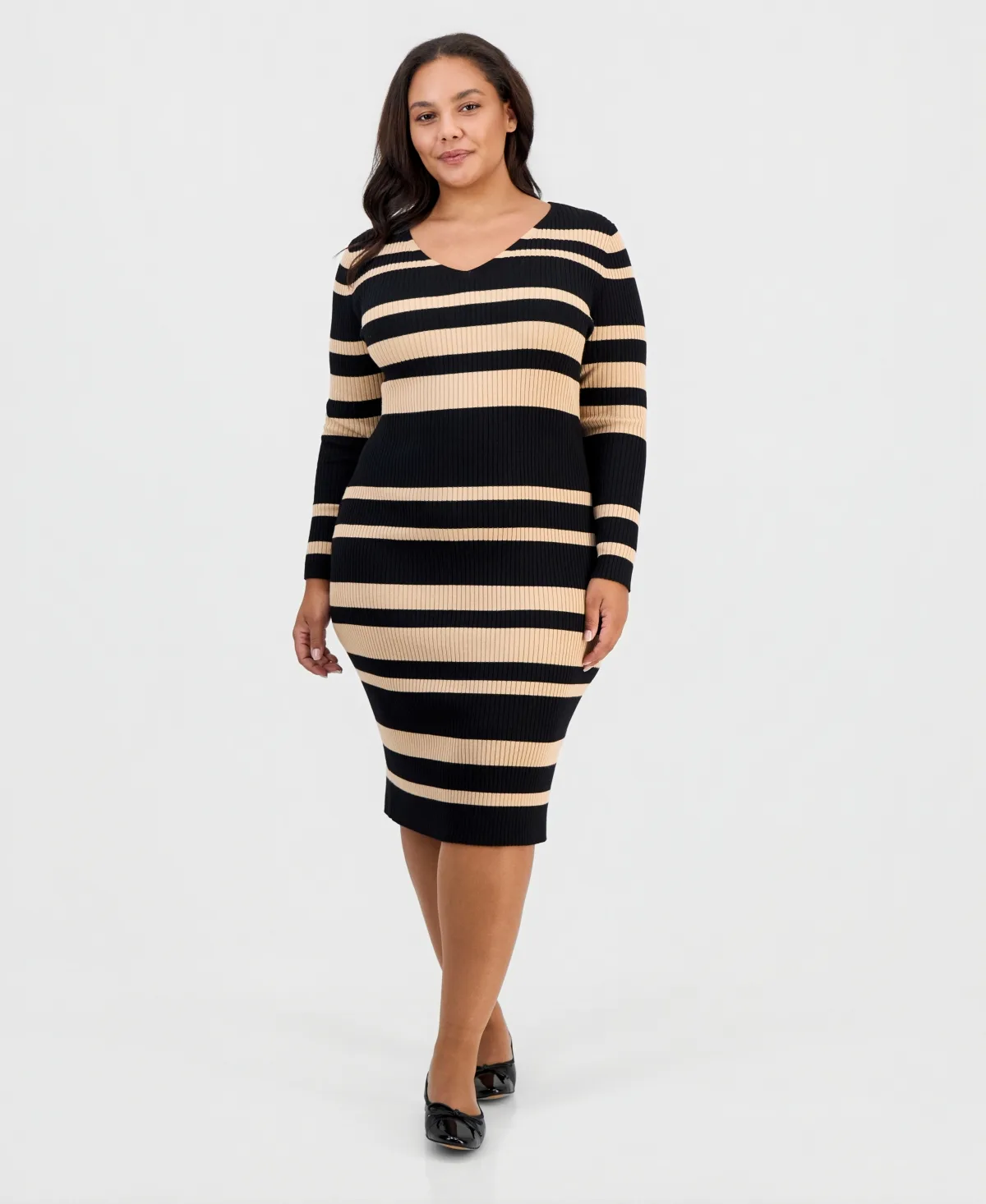 Long-Sleeve V-Neck Body-Con Midi Dress by Full Circle Trends