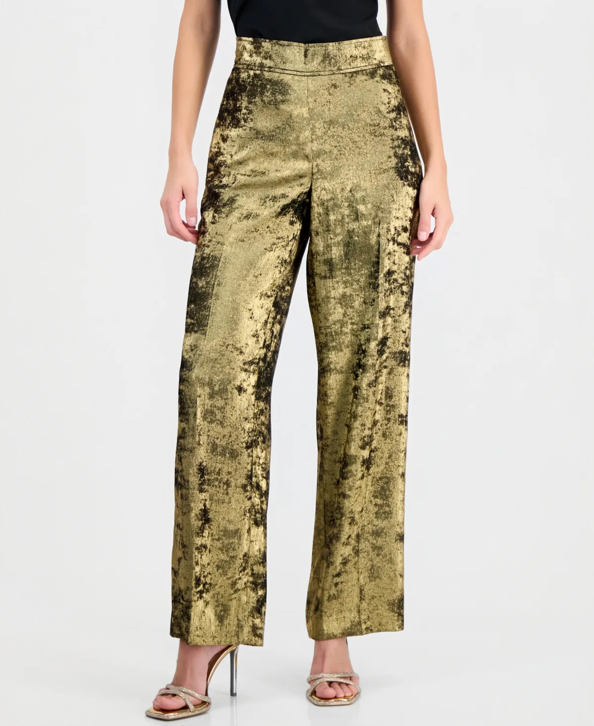 Metallic Foil-Crepe High-Rise Wide-Leg Pants by Anne Klein