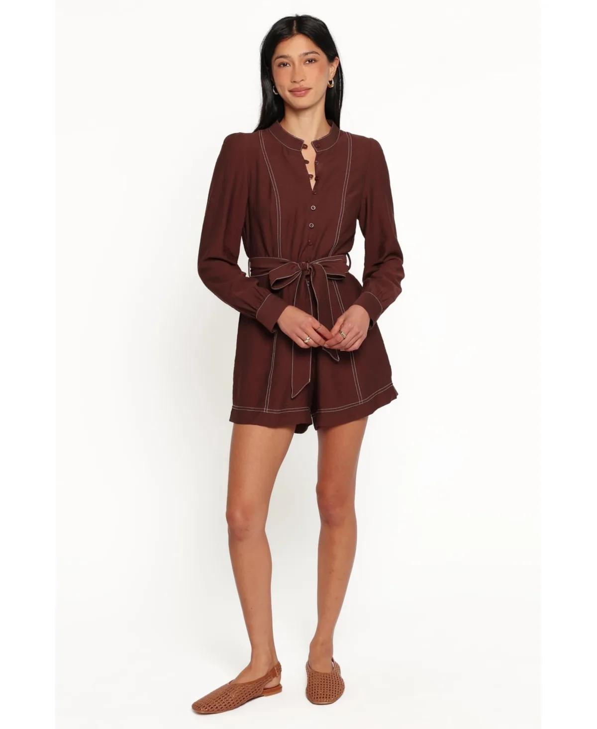 Benni Long-Sleeve High-Neckline Button-Down Romper