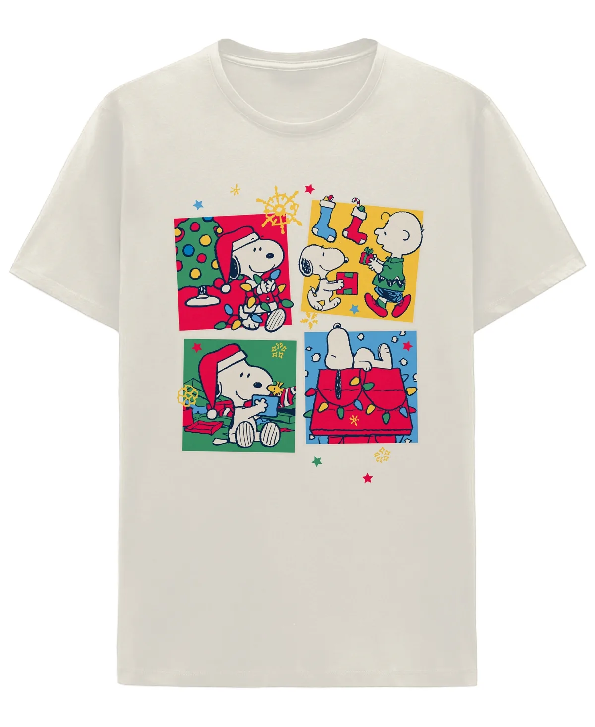 Snoopy Christmas Squares Graphic Holiday Crew Neck T-Shirt by Hybrid Apparel