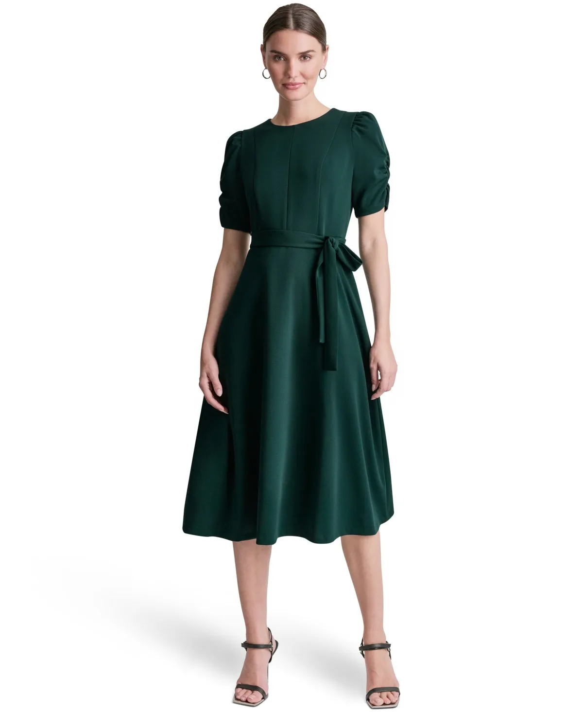 Short Sleeve Scuba Crepe Belted Fit and Flare Midi Dress by DKNY