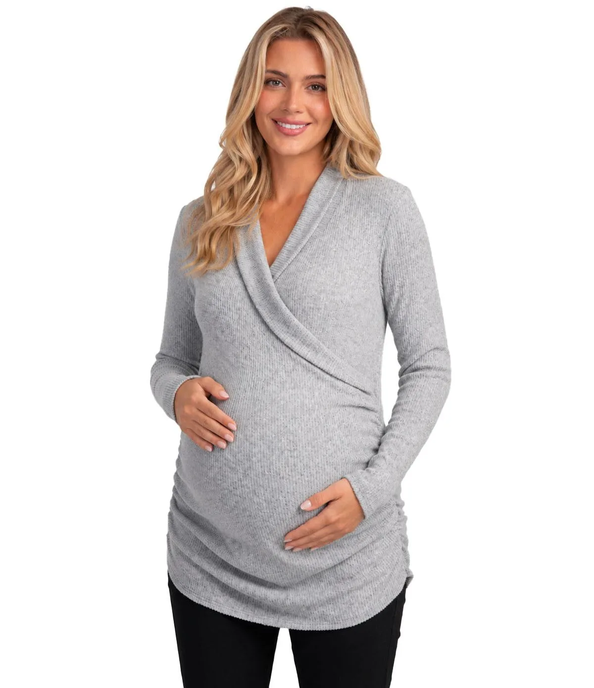 Maternity Nursing Ribbed-Knit Crossover V-Neck Long-Sleeve Top