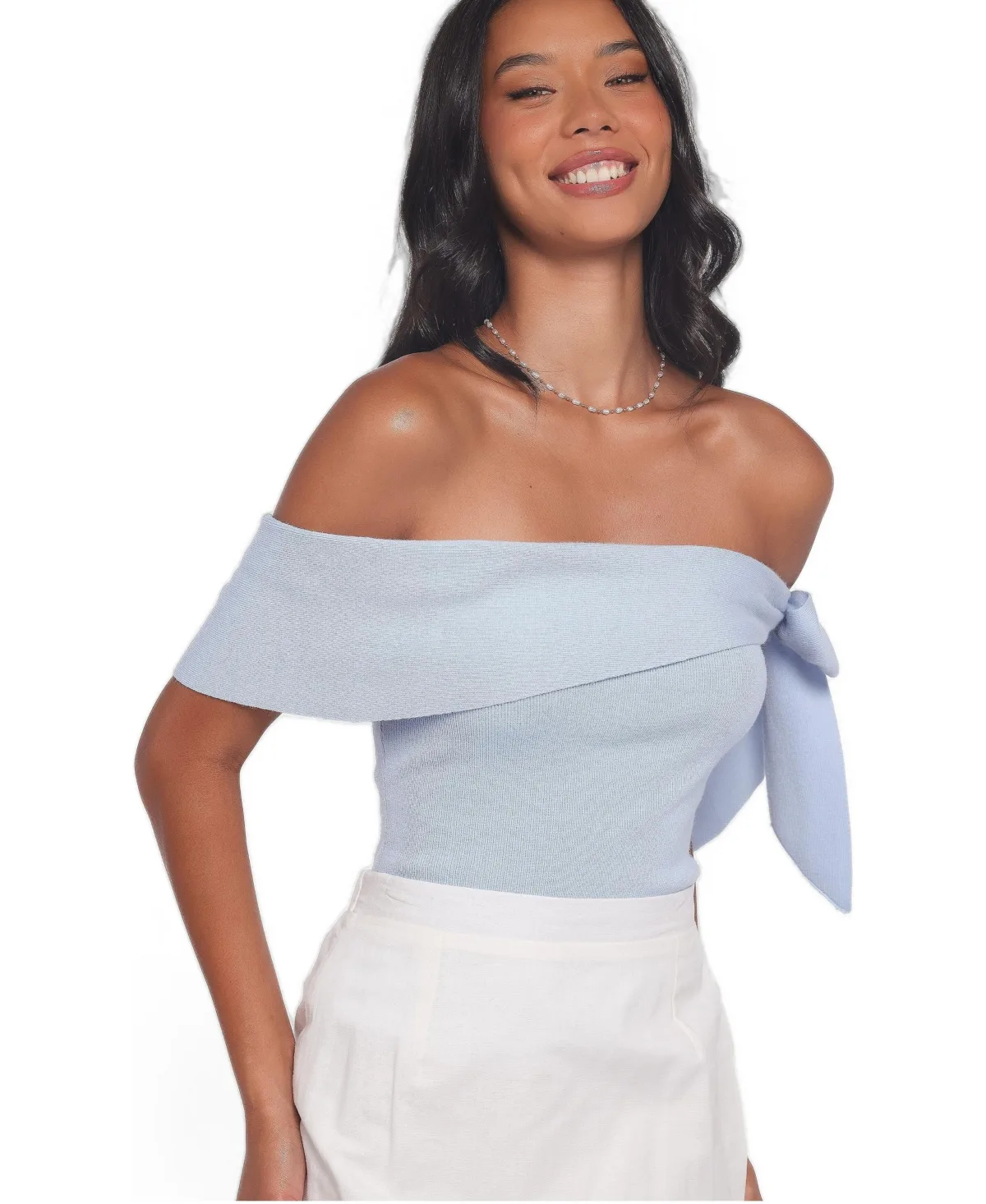 Charama Off-Shoulder Knit Bow Top by Petal & Pup