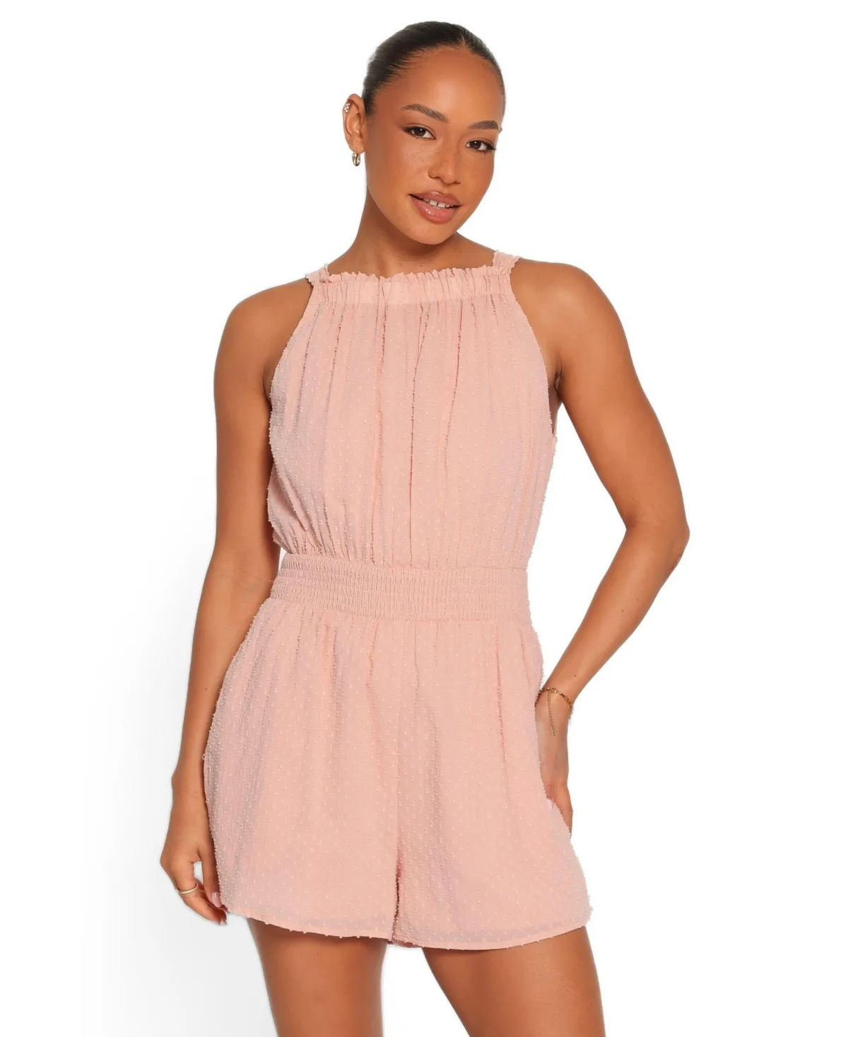 Felicity Sleeveless Boat-Neckline High-Rise Romper by Petal and Pup